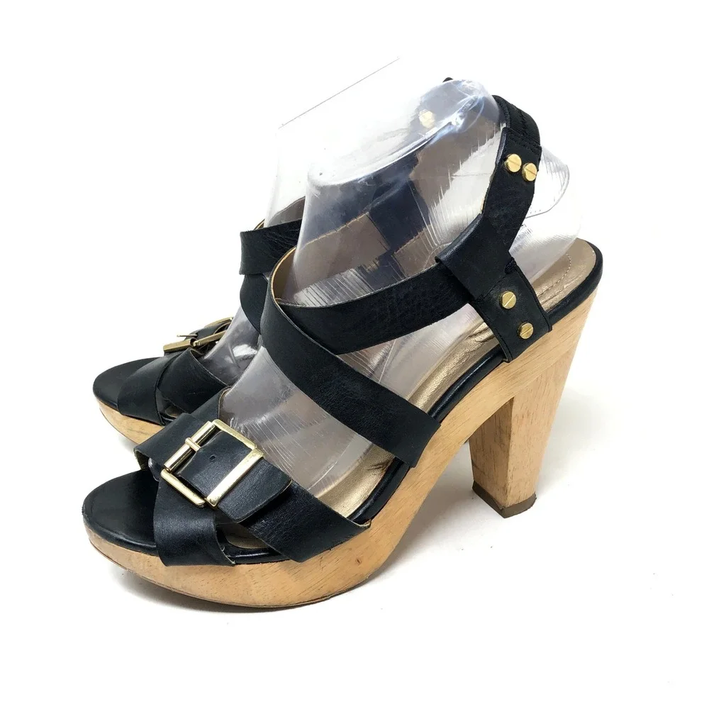 VTG Wooden Sandals Me Too‎ Womens 8.5M Ebony Leather Black Wood Heel Buckle